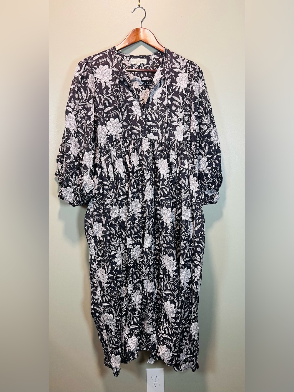 Mulberry & King Boho 
Black Floral Midi Dress with White Botanical Print
Small
